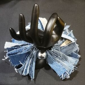 COPY - Blue Denim Fringe Bracelet with Silver Leather adorn with a Silver Ball